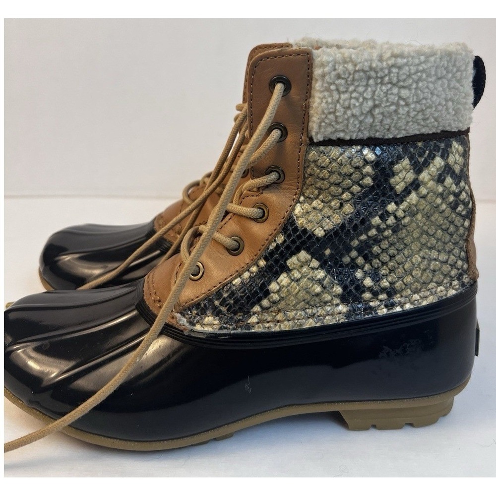 Sam Edelman Womens Tinsley Snakeskin Duck Boots Black Brown Lace Up Size 6
